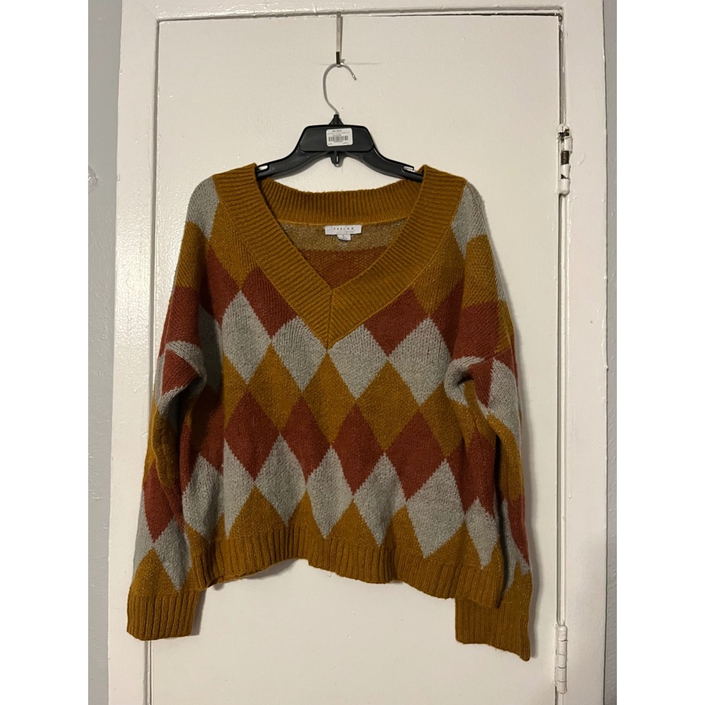 Favlux Women Argyle V-Neck Oversized Sweater Mustard Orange Grey FL19H800 L